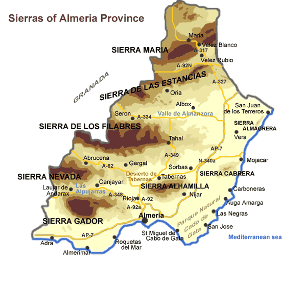 Map of mountain ranges of Almeria province