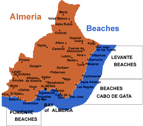 Map of the beaches and coastline of Almeria