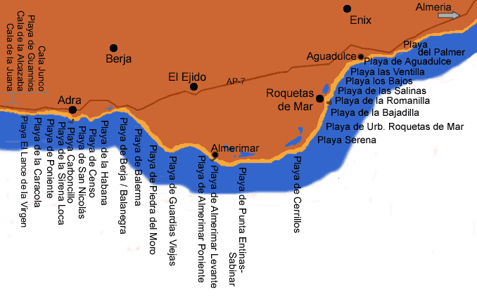 Map of the Poniente beaches of Almeria