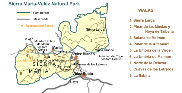 Map including the walking trails of Sierra Maria Natural Park in Almeria.