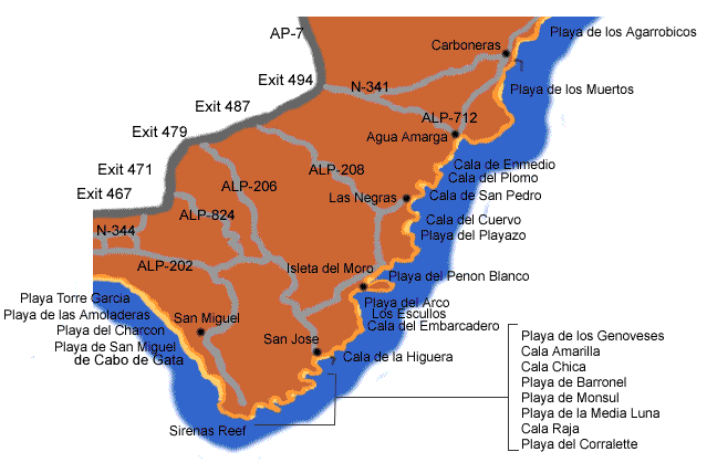 Map of the beaches and cove of the Cabo de Gata