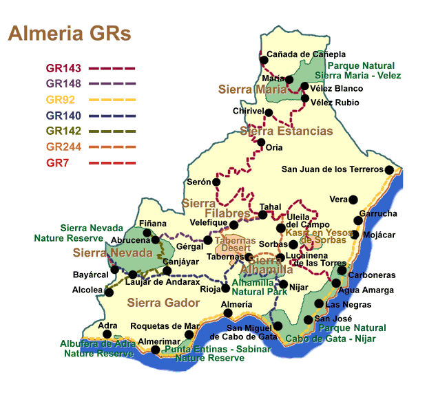 Map of the GR walking routes of Almeria